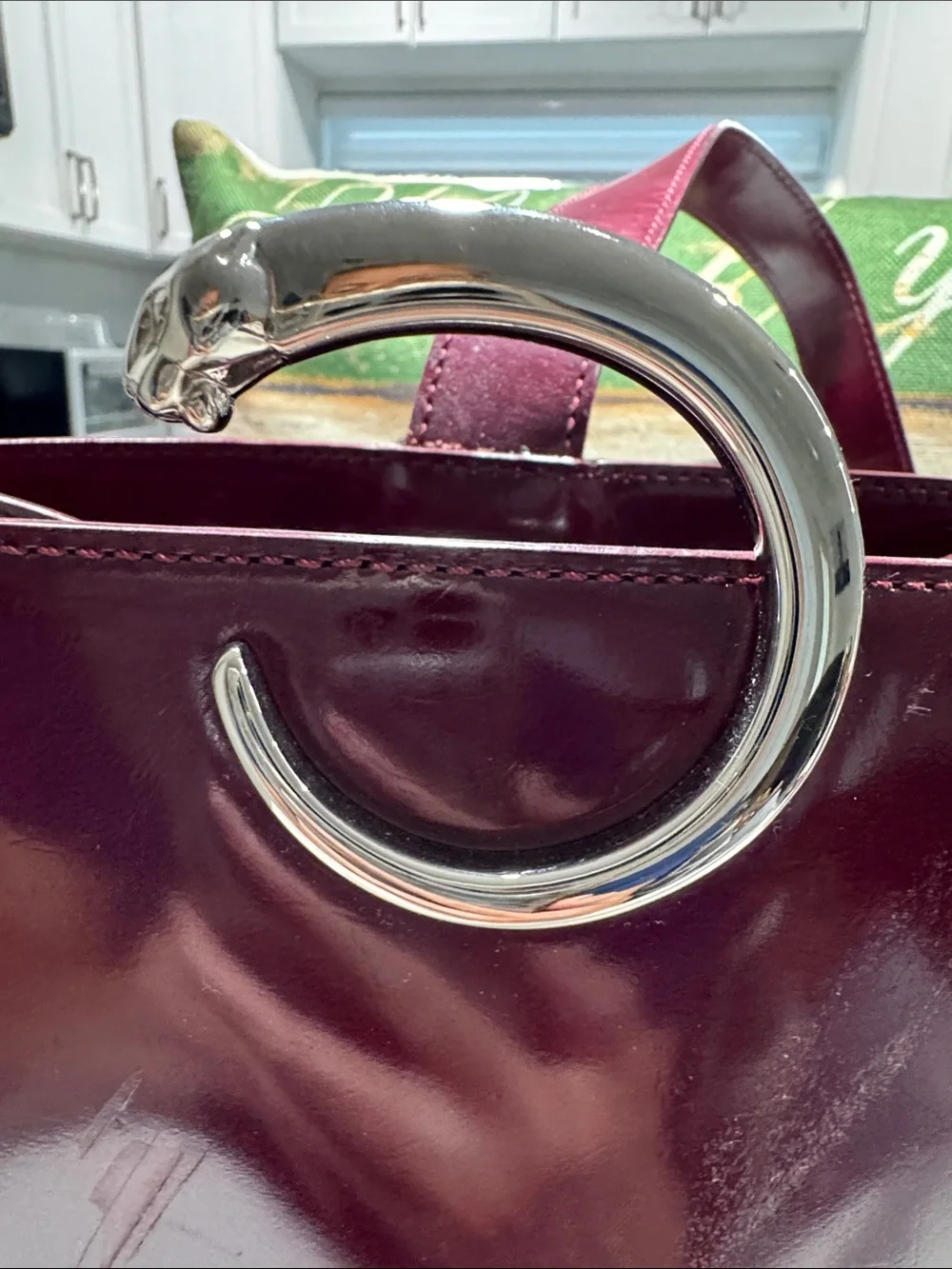 Cartier Panthere Glossy Wine Red Patent Tote with Silver C-Ring Accent